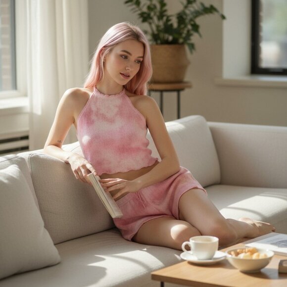 Shorts Set – Club Exx – Pink Tie Dye – Halter Crop Top & Lounge Shorts – Sz S - Picture 2 of 6